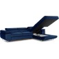 Canapé d'angle convertible ARMEL en tissu velours luxe 5 places, couleur bleu foncé, avec coffre, angle droit (vu de face)