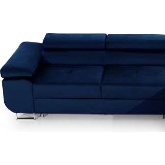 Canapé d'angle convertible ARMEL en tissu velours luxe 5 places, couleur bleu foncé, avec coffre, angle droit (vu de face)