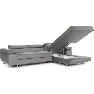 Canapé d'angle convertible ARMEL en tissu velours luxe 5 places, couleur gris, avec coffre, angle droit (vu de face)