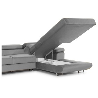 Canapé d'angle convertible ARMEL en tissu velours luxe 5 places, couleur gris, avec coffre, angle droit (vu de face)