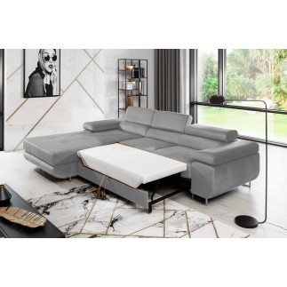 Canapé d'angle convertible ARMEL en tissu velours luxe 5 places, couleur gris, avec coffre, angle gauche (vu de face)