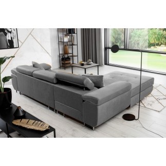 Canapé d'angle convertible ARMEL en tissu velours luxe 5 places, couleur gris, avec coffre, angle gauche (vu de face)