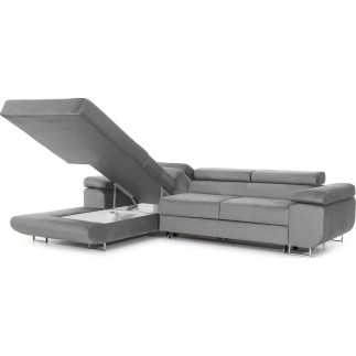 Canapé d'angle convertible ARMEL en tissu velours luxe 5 places, couleur gris, avec coffre, angle gauche (vu de face)