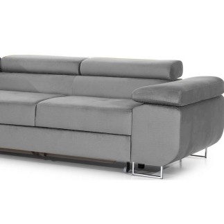 Canapé d'angle convertible ARMEL en tissu velours luxe 5 places, couleur gris, avec coffre, angle gauche (vu de face)