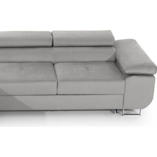 Canapé d'angle convertible ARMEL en tissu velours luxe 5 places, couleur gris, avec coffre, angle gauche (vu de face)