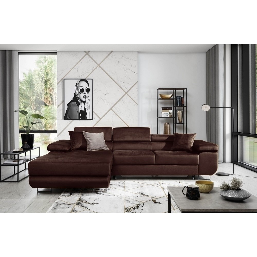 Canapé d'angle convertible ARMEL en tissu velours luxe 5 places, couleur chocolat, avec coffre, angle gauche (vu de face)