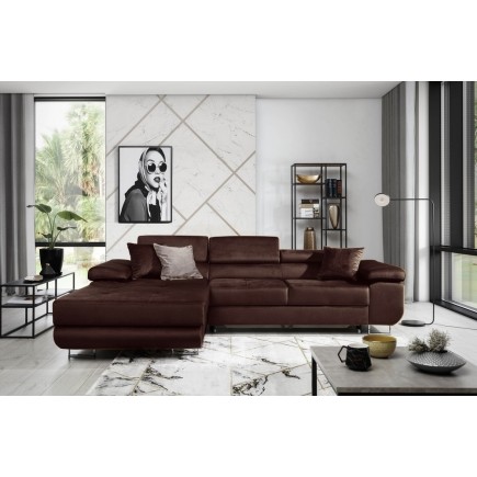 Canapé d'angle convertible ARMEL en tissu velours luxe 5 places, couleur chocolat, avec coffre, angle gauche (vu de face)