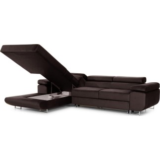 Canapé d'angle convertible ARMEL en tissu velours luxe 5 places, couleur chocolat, avec coffre, angle gauche (vu de face)