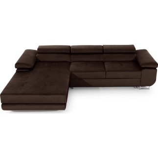 Canapé d'angle convertible ARMEL en tissu velours luxe 5 places, couleur chocolat, avec coffre, angle gauche (vu de face)