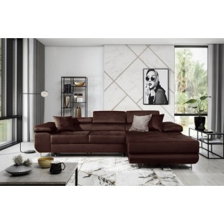 Canapé d'angle convertible ARMEL en tissu velours luxe 5 places, couleur chocolat, avec coffre, angle droit (vu de face)