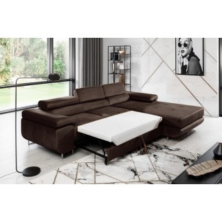 Canapé d'angle convertible ARMEL en tissu velours luxe 5 places, couleur chocolat, avec coffre, angle droit (vu de face)