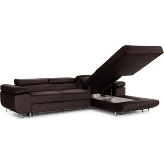 Canapé d'angle convertible ARMEL en tissu velours luxe 5 places, couleur chocolat, avec coffre, angle droit (vu de face)