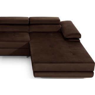 Canapé d'angle convertible ARMEL en tissu velours luxe 5 places, couleur chocolat, avec coffre, angle droit (vu de face)
