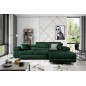 Canapé d'angle convertible ARMEL en tissu velours luxe 5 places, couleur vert foncé, avec coffre, angle droit (vu de face)