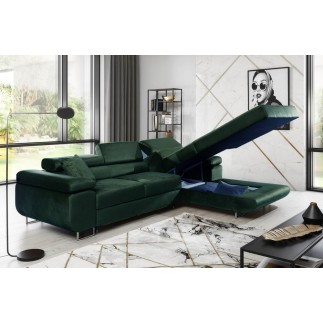 Canapé d'angle convertible ARMEL en tissu velours luxe 5 places, couleur vert foncé, avec coffre, angle droit (vu de face)