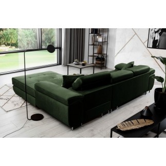 Canapé d'angle convertible ARMEL en tissu velours luxe 5 places, couleur vert foncé, avec coffre, angle droit (vu de face)