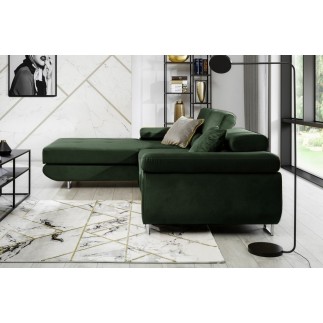 Canapé d'angle convertible ARMEL en tissu velours luxe 5 places, couleur vert foncé, avec coffre, angle droit (vu de face)