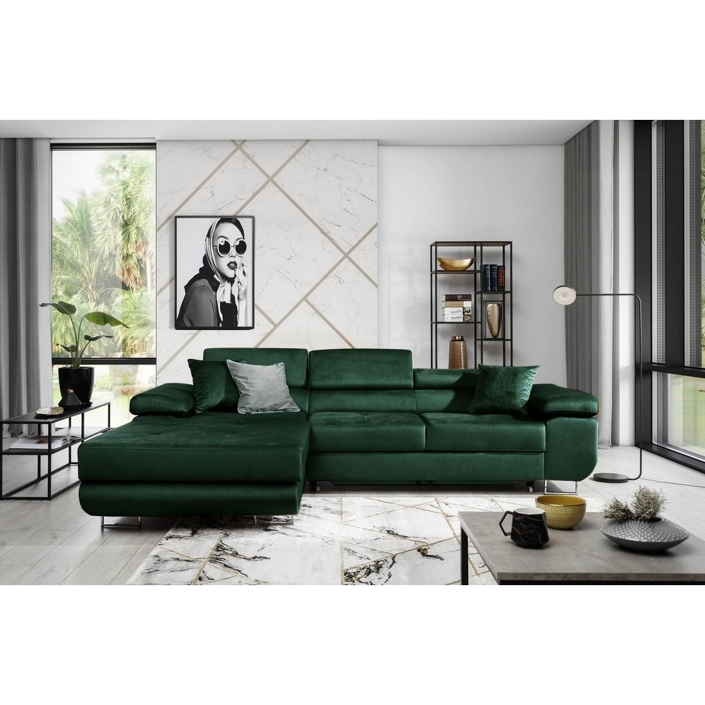 Canapé d'angle convertible ARMEL en tissu velours luxe 5 places, couleur vert foncé, avec coffre, angle gauche (vu de face)