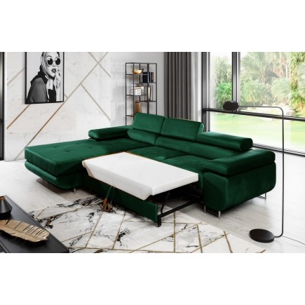 Canapé d'angle convertible ARMEL en tissu velours luxe 5 places, couleur vert foncé, avec coffre, angle gauche (vu de face)