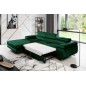 Canapé d'angle convertible ARMEL en tissu velours luxe 5 places, couleur vert foncé, avec coffre, angle gauche (vu de face)