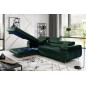 Canapé d'angle convertible ARMEL en tissu velours luxe 5 places, couleur vert foncé, avec coffre, angle gauche (vu de face)