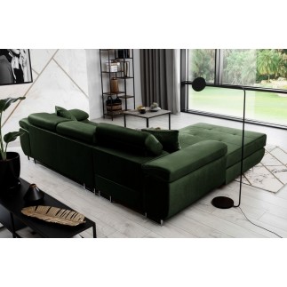 Canapé d'angle convertible ARMEL en tissu velours luxe 5 places, couleur vert foncé, avec coffre, angle gauche (vu de face)