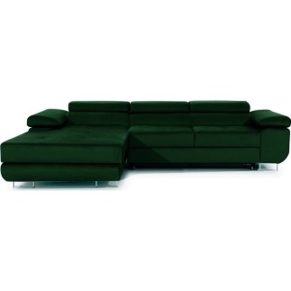 Canapé d'angle convertible ARMEL en tissu velours luxe 5 places, couleur vert foncé, avec coffre, angle gauche (vu de face)