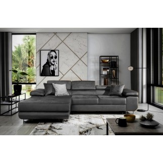 Canapé d'angle convertible ARMEL en tissu velours luxe 5 places, couleur gris anthracite, avec coffre, angle gauche (vu de face)