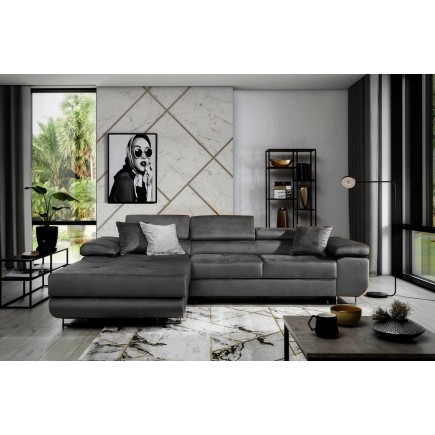 Canapé d'angle convertible ARMEL en tissu velours luxe 5 places, couleur gris anthracite, avec coffre, angle gauche (vu de face)
