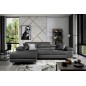 Canapé d'angle convertible ARMEL en tissu velours luxe 5 places, couleur gris anthracite, avec coffre, angle gauche (vu de face)