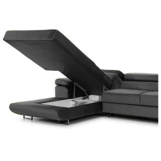 Canapé d'angle convertible ARMEL en tissu velours luxe 5 places, couleur gris anthracite, avec coffre, angle gauche (vu de face)