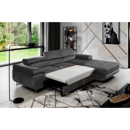 Canapé d'angle convertible ARMEL en tissu velours luxe 5 places, gris anthracite, avec coffre, angle droit (vu de face)