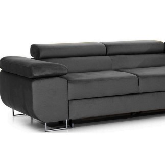 Canapé d'angle convertible ARMEL en tissu velours luxe 5 places, gris anthracite, avec coffre, angle droit (vu de face)