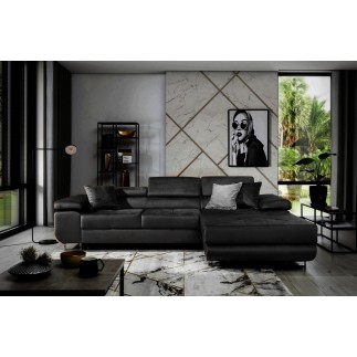 Canapé d'angle convertible ARMEL en tissu velours luxe 5 places, couleur noir, avec coffre, angle droit (vu de face)