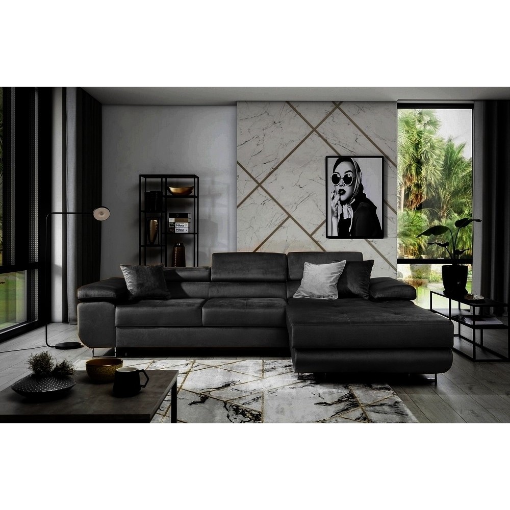Canapé d'angle convertible ARMEL en tissu velours luxe 5 places, couleur noir, avec coffre, angle droit (vu de face)