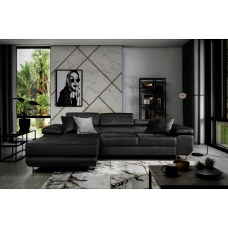 - Canapé d'angle convertible ARMEL en tissu velours luxe 5 places, couleur noir, avec coffre, angle gauche (vu de face)