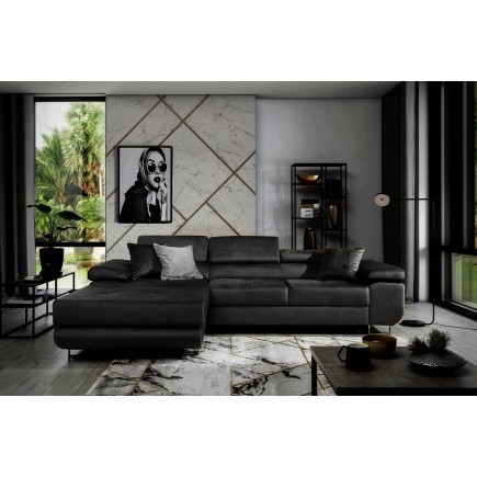 - Canapé d'angle convertible ARMEL en tissu velours luxe 5 places, couleur noir, avec coffre, angle gauche (vu de face)
