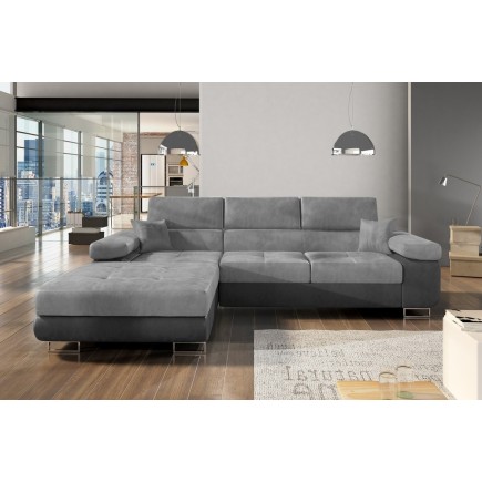- Canapé d'angle convertible ARMEL en tissu velours luxe 5 places, gris clair / gris foncé, bicolore, avec coffre, angle gauche
