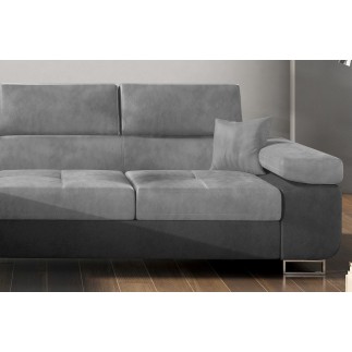 - Canapé d'angle convertible ARMEL en tissu velours luxe 5 places, gris clair / gris foncé, bicolore, avec coffre, angle gauche