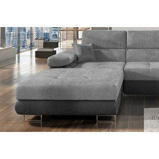 - Canapé d'angle convertible ARMEL en tissu velours luxe 5 places, gris clair / gris foncé, bicolore, avec coffre, angle gauche