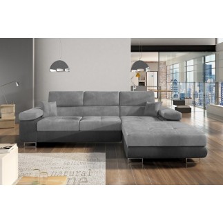 Canapé d'angle convertible ARMEL en tissu velours luxe 5 places, gris clair / gris foncé, bicolore, avec coffre, angle droit (vu