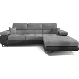 Canapé d'angle convertible ARMEL en tissu velours luxe 5 places, gris clair / gris foncé, bicolore, avec coffre, angle droit (vu