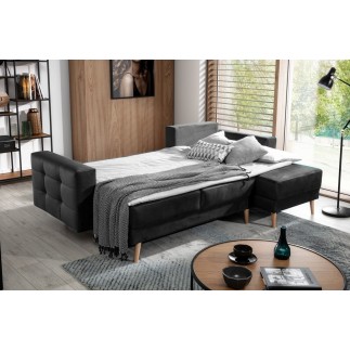 Canapé d'angle convertible ASSIA en tissu de qualité 5 places, gris foncé, angle droit (vu de face)