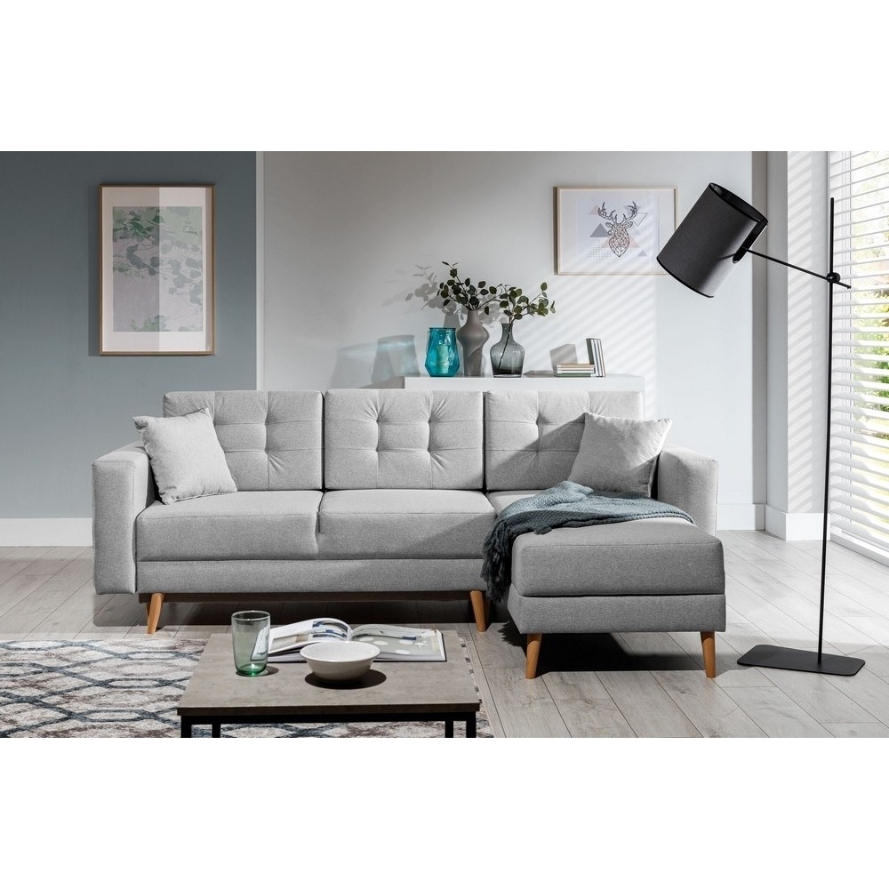 Canapé d'angle convertible ASSIA en tissu de qualité 5 places, gris, angle droit (vu de face) Canapé d'angle convertible ASSIA en tissu de qualité 5 places, gris, angle droit (vu de face)