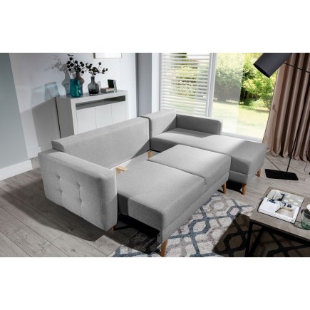 Canapé d'angle convertible ASSIA en tissu de qualité 5 places, gris, angle droit (vu de face)