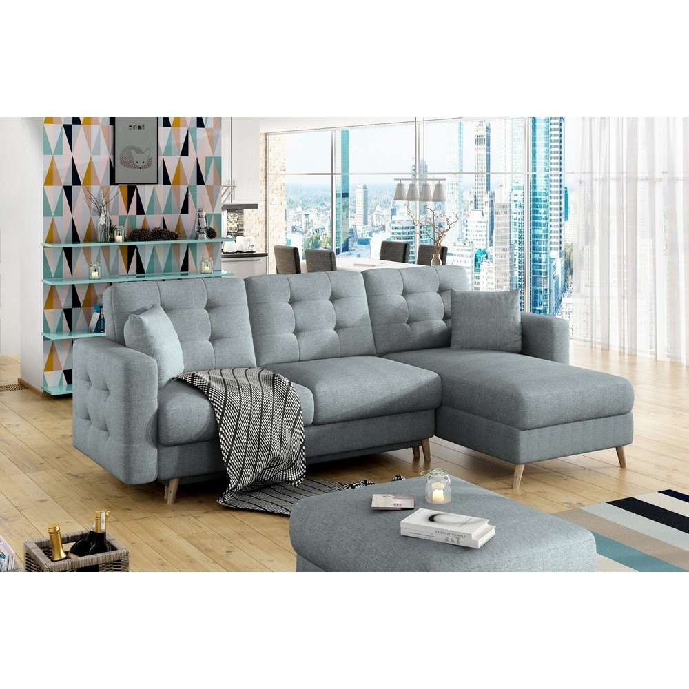 Canapé d'angle convertible ASSIA en tissu de qualité 5 places, bleu, angle droit (vu de face) Canapé d'angle convertible ASSIA en tissu de qualité 5 places, bleu, angle droit (vu de face)