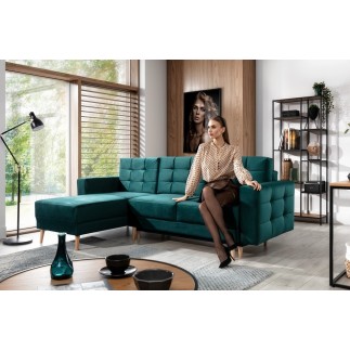 Canapé d'angle convertible - ASSIA VELOURS - en tissu de qualité 5 places, vert, angle gauche (vu de face)