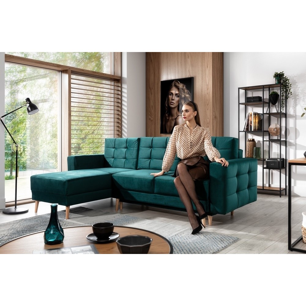 Canapé d'angle convertible - ASSIA VELOURS - en tissu de qualité 5 places, vert, angle gauche (vu de face)