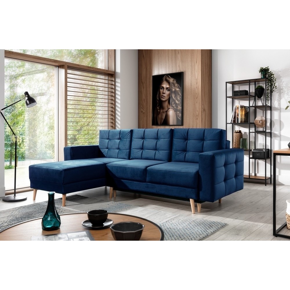 Canapé d'angle convertible ASSIA VELOURS - en tissu de qualité 5 places, bleu foncé, angle gauche (vu de face)