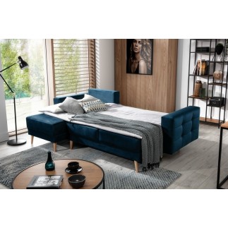 Canapé d'angle convertible ASSIA VELOURS - en tissu de qualité 5 places, bleu foncé, angle gauche (vu de face)